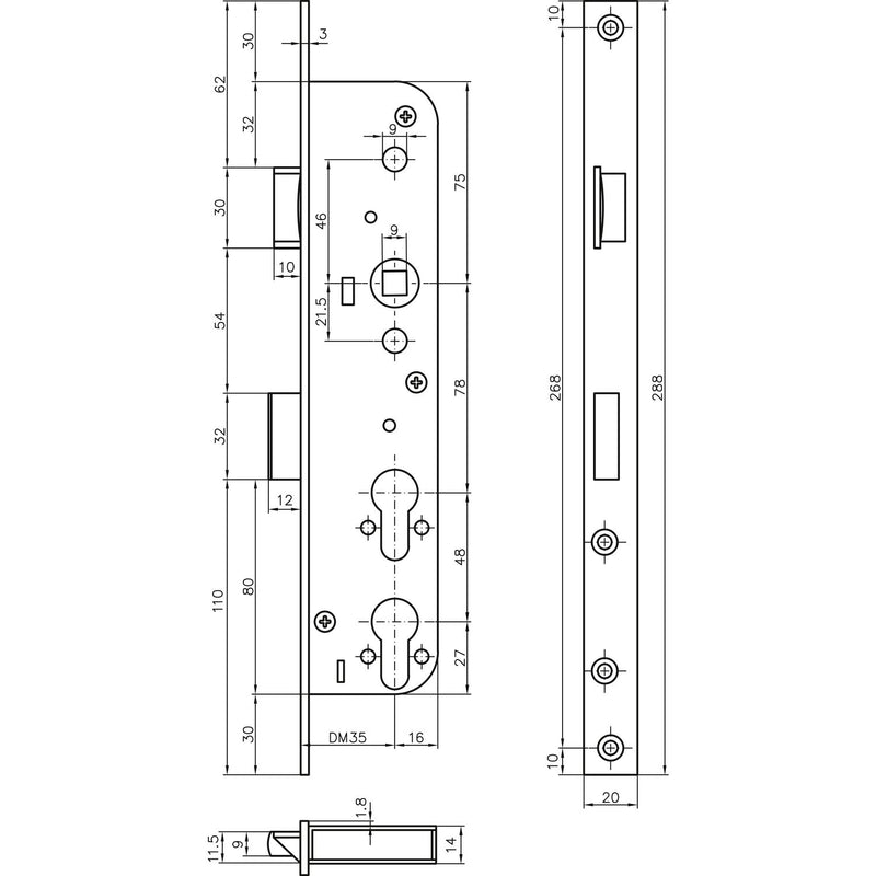 Fluchttürschloss 1944PE für 2 Profilzylinder 1-flg. DM35, links, Stahl verzinkt (ST 1)
